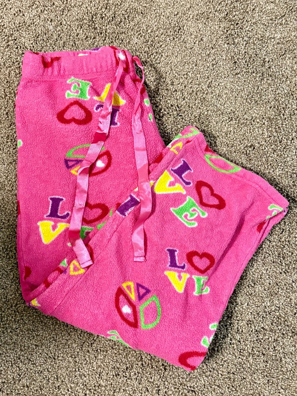 Girls No Boundaries Pink Plush "Love" & Peace Sign Pajama Bottoms XL